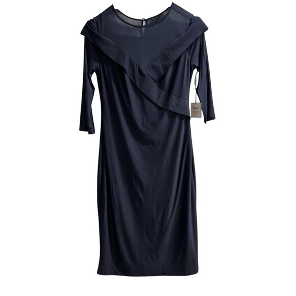 Laundry by Shelli Segal Dress 10 Blue Mesh Asymmetric Bodice Jersey Knit Midi - Picture 1 of 11